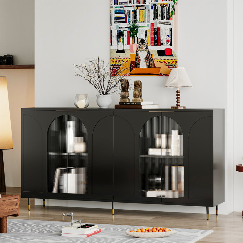 Mercer41 Accent Cabinet Black Lacquered Wooden Cabinet With 4 Glass Doors Sideboard Buffet Server Cabinet Storage Cabinet For Living Room Entryway Hallway Office Kitchen And Dining Room Wayfair